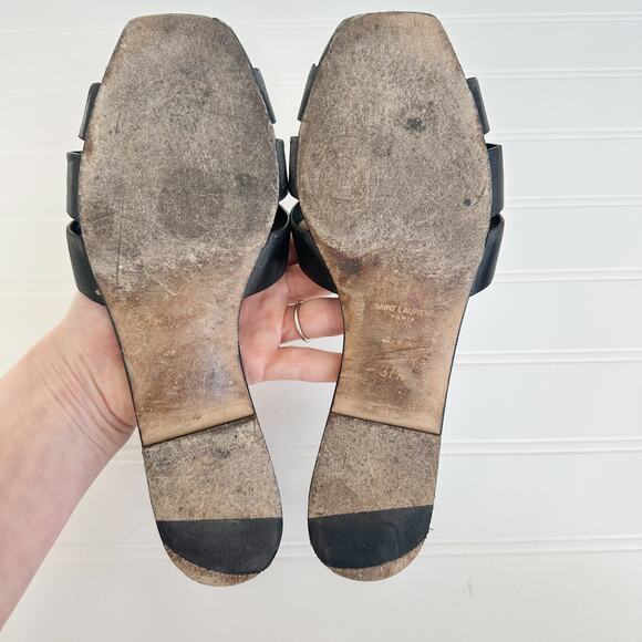Saint Laurent Tribute Sandal Flat Mules Black Slides Smooth Leather 37.5 - Picture 3 of 7